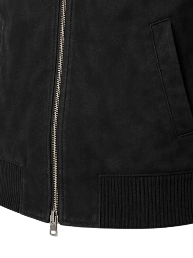 Men's black sheepskin suede leather jacket, pocket detail