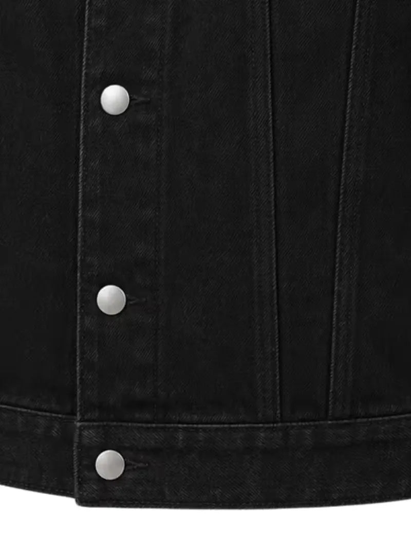 Men's black sheepskin suede leather trucker jacket, pocket detail
