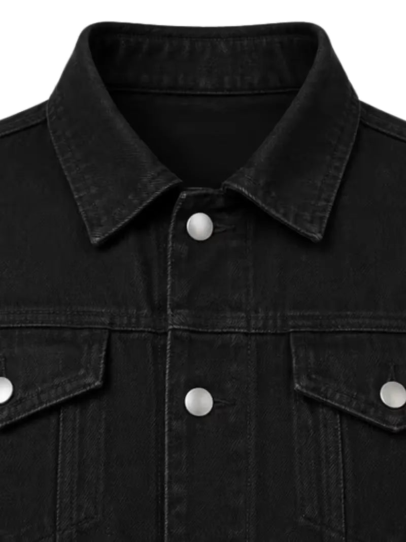 Men's black sheepskin suede leather trucker jacket, zip and closure detail
