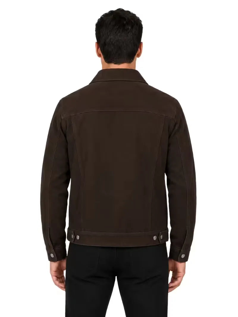 Men's black sheepskin suede leather trucker jacket, collar detail