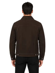 Men's black sheepskin suede leather trucker jacket, collar detail