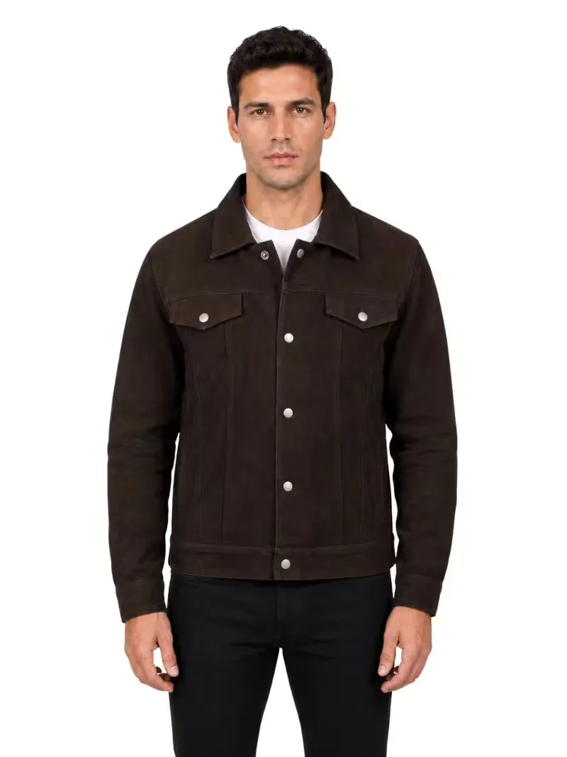 Men's black sheepskin suede leather trucker jacket, side view