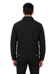 Men's black sheepskin suede leather trucker jacket, back view