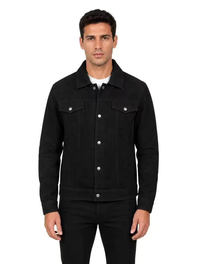 Men's black sheepskin suede leather trucker jacket, front view