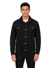 Men's black sheepskin suede leather trucker jacket, front view