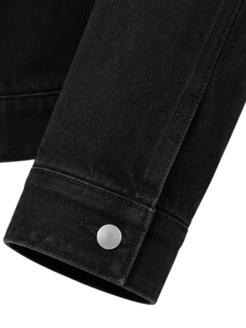 Men's black sheepskin suede leather trucker jacket, lining detail