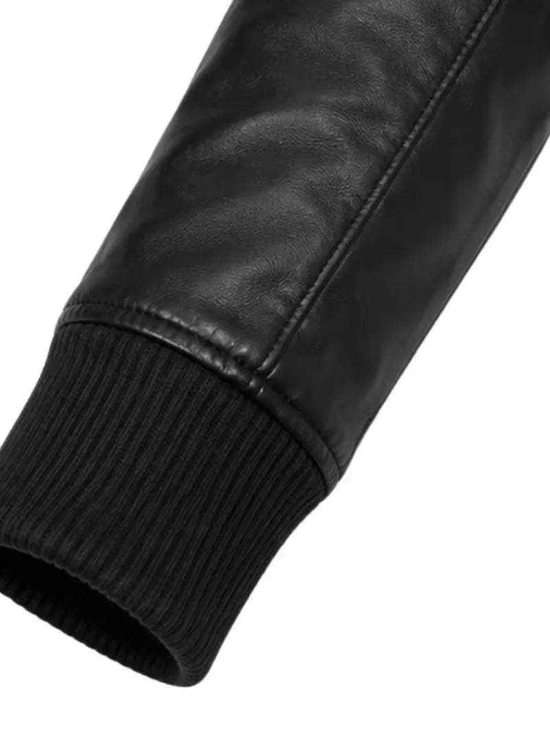 Men's black sheepskin leather jacket, lining detail