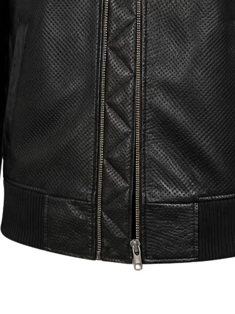 Men's black sheepskin leather jacket, pocket detail