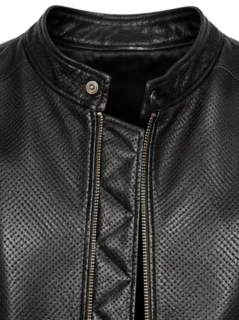 Men's black sheepskin leather jacket, zip and closure detail
