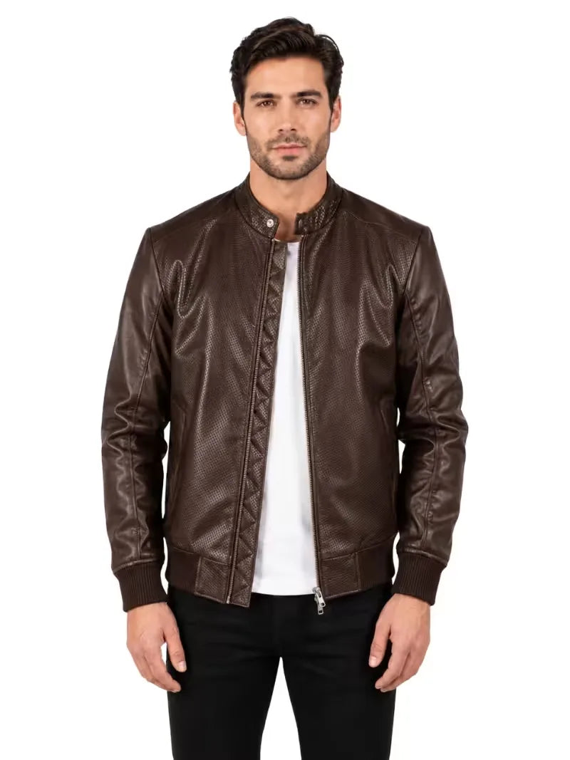 Men's black sheepskin leather jacket, side view