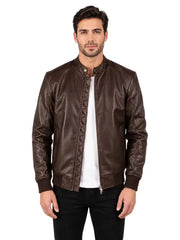 Men's black sheepskin leather jacket, side view