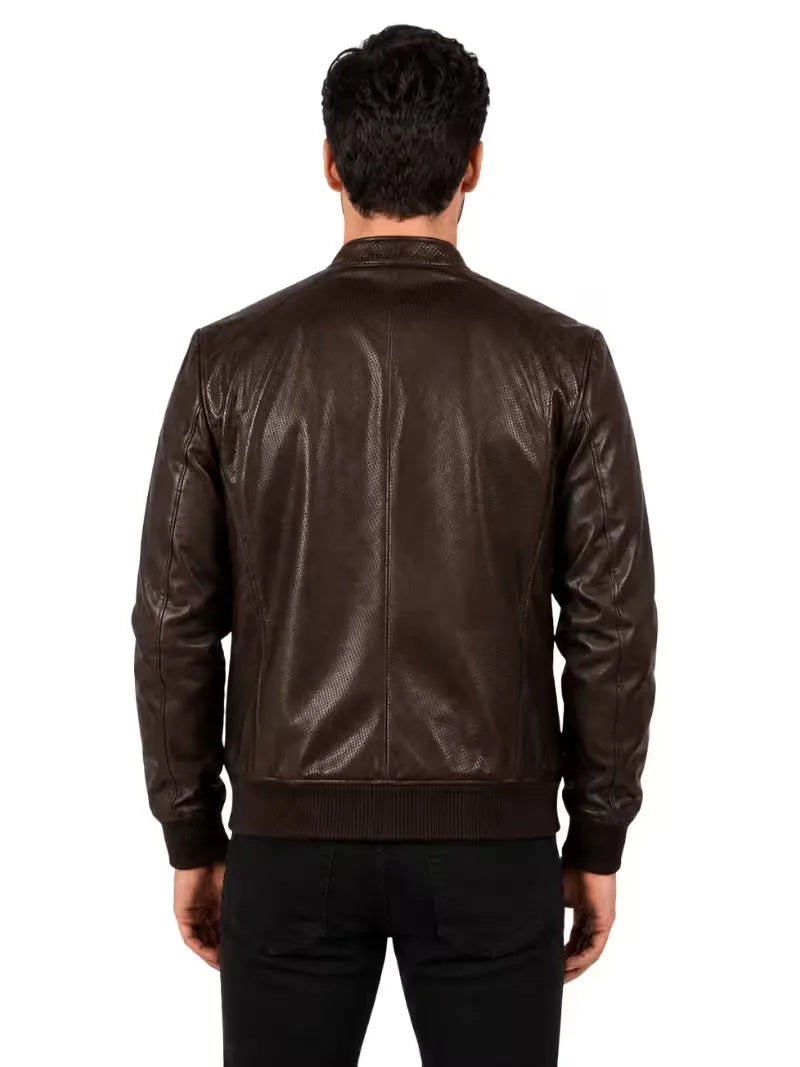 Men's black sheepskin leather jacket, collar detail
