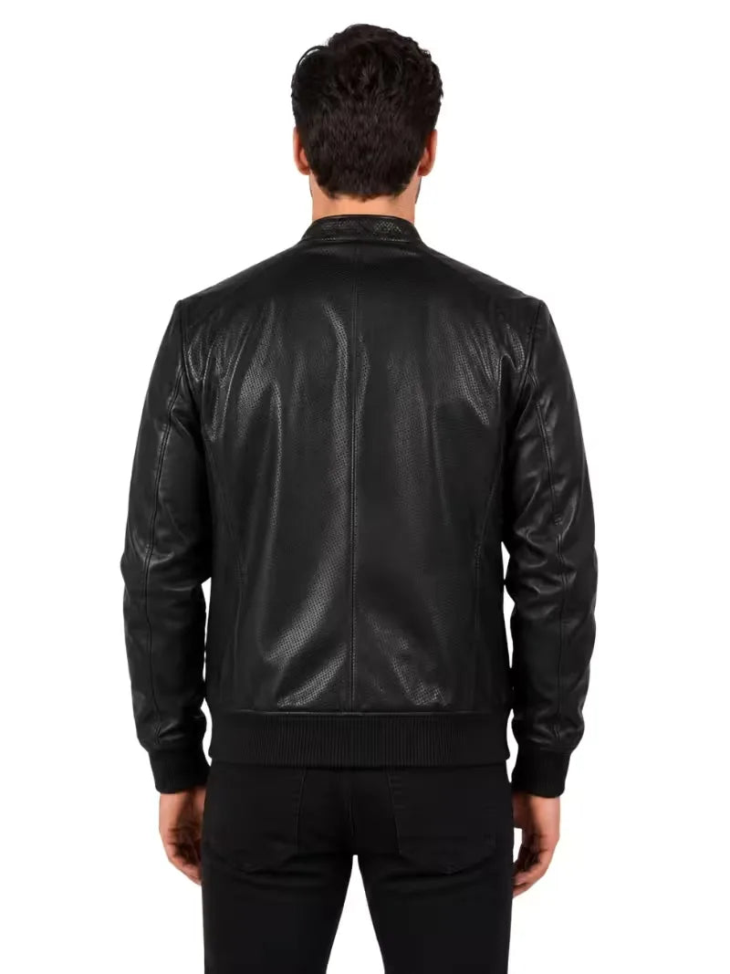 Men's black sheepskin leather jacket, back view