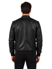 Men's black sheepskin leather jacket, back view
