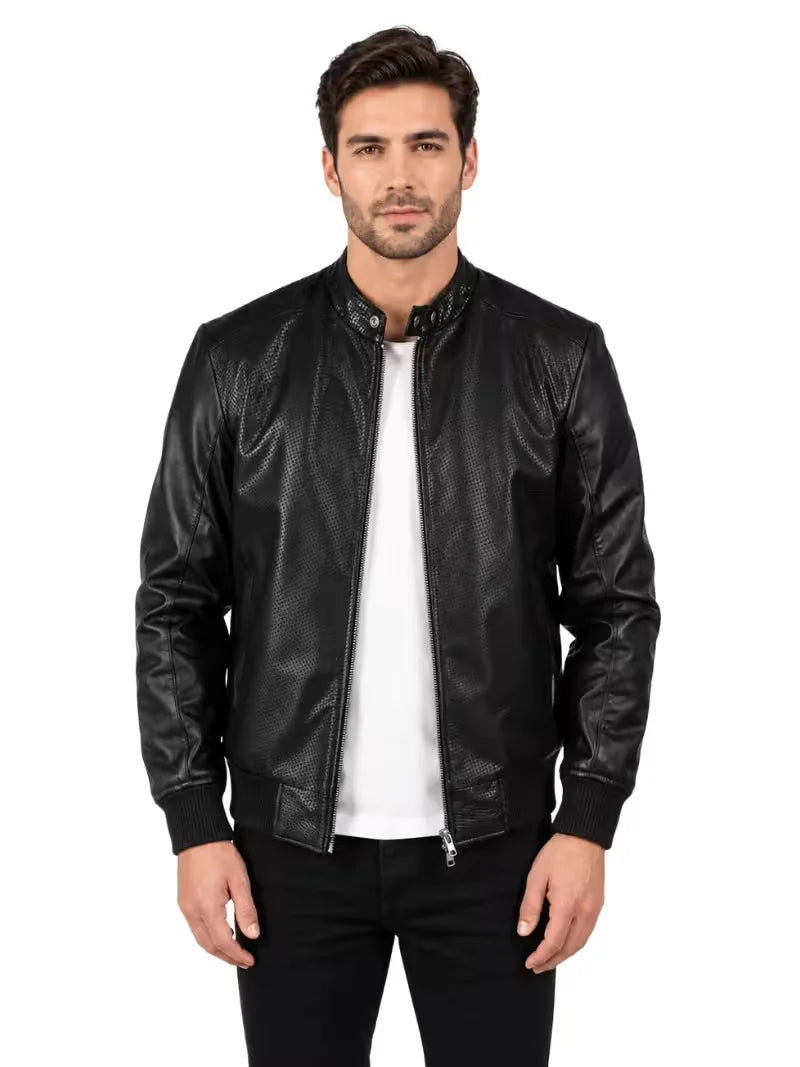 Men's black sheepskin leather jacket, front view