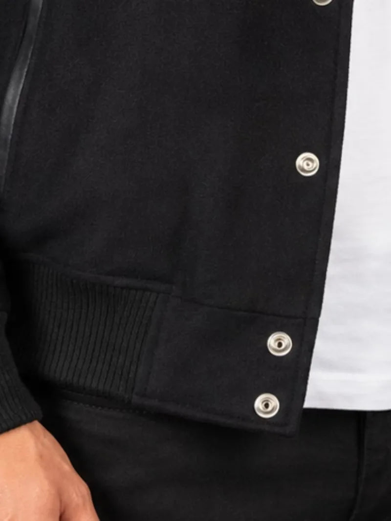 Men's black sheepskin leather jacket, pocket detail