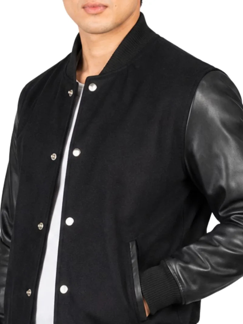 Men's black sheepskin leather jacket, cuff detail