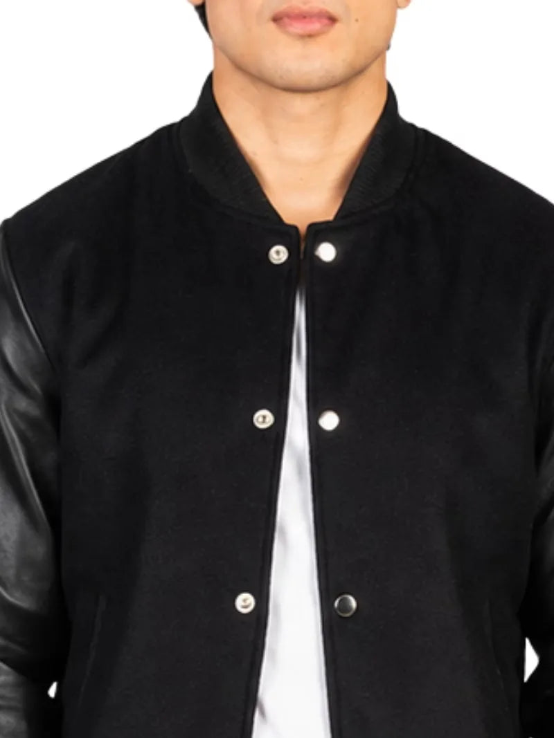 Men's black sheepskin leather jacket, zip and closure detail