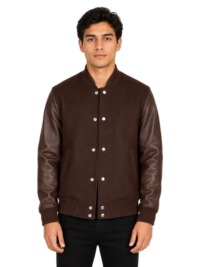 Men's black sheepskin leather jacket, side view