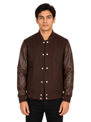 Men's black sheepskin leather jacket, side view
