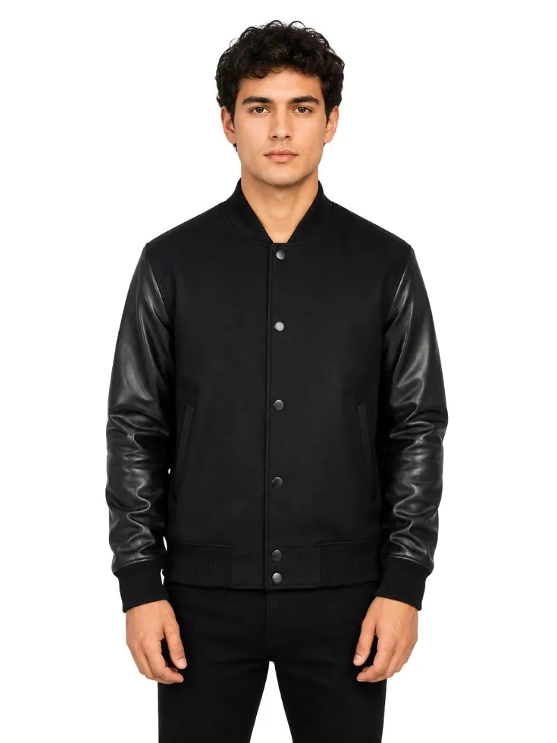 Men's black sheepskin leather jacket, front view