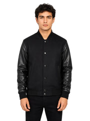 Men's black sheepskin leather jacket, front view
