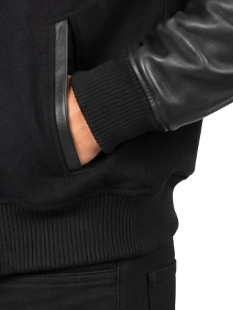 Men's black sheepskin leather jacket, lining detail