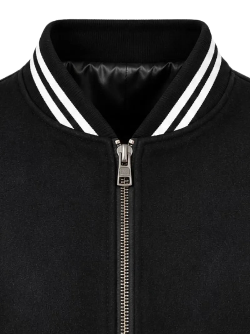 Men's black sheepskin leather jacket, zip and closure detail