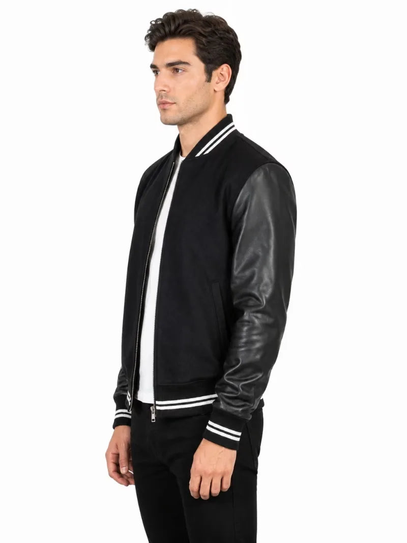 Men's black sheepskin leather jacket, collar detail