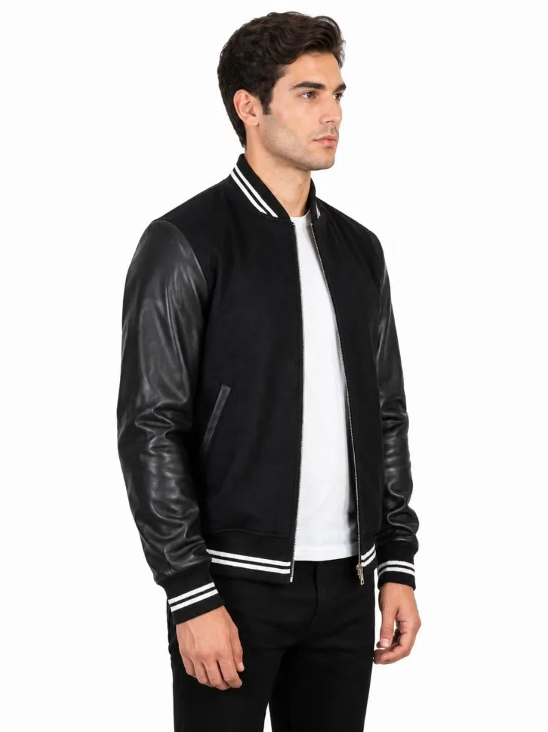 Men's black sheepskin leather jacket, side view