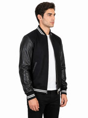 Men's black sheepskin leather jacket, side view