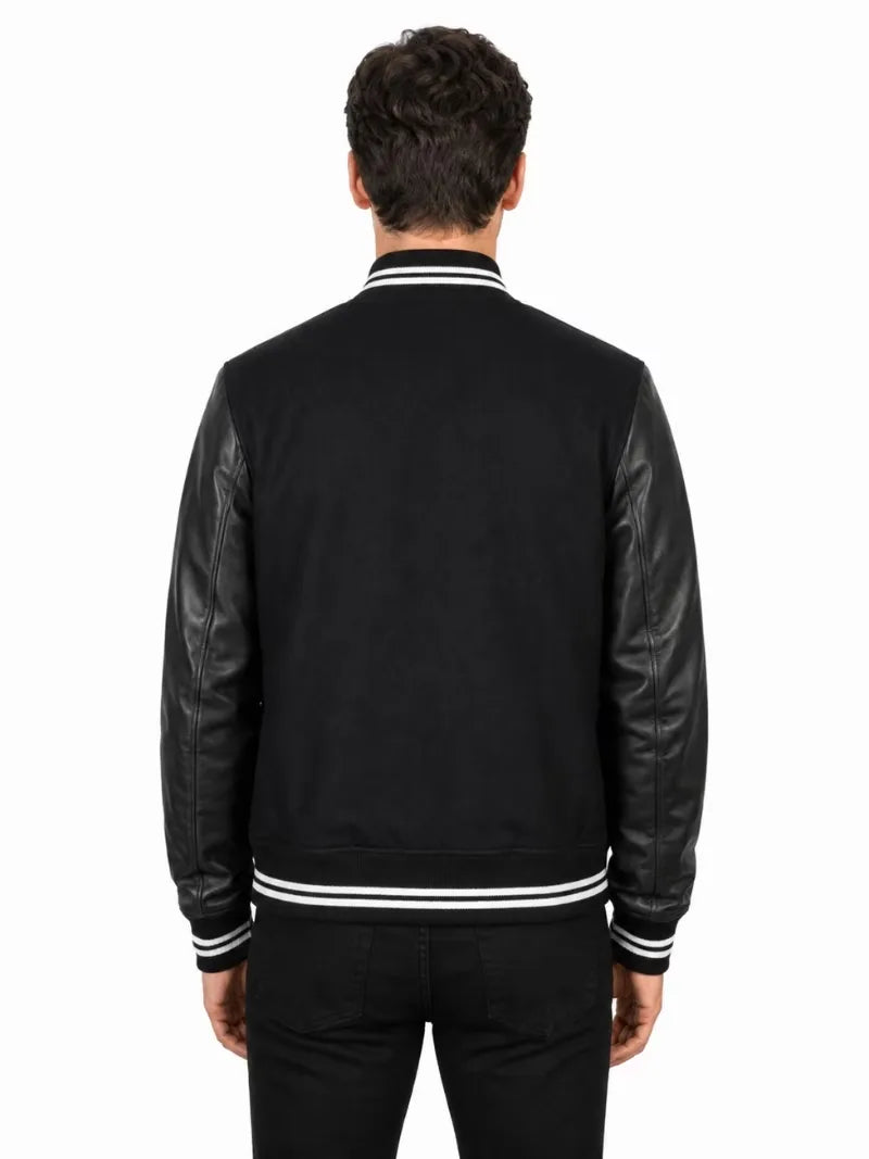 Men's black sheepskin leather jacket, back view