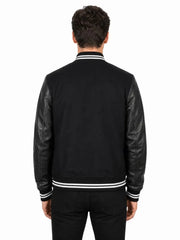 Men's black sheepskin leather jacket, back view