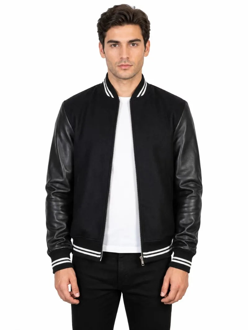 Men's black sheepskin leather jacket, front view