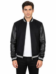 Men's black sheepskin leather jacket, front view