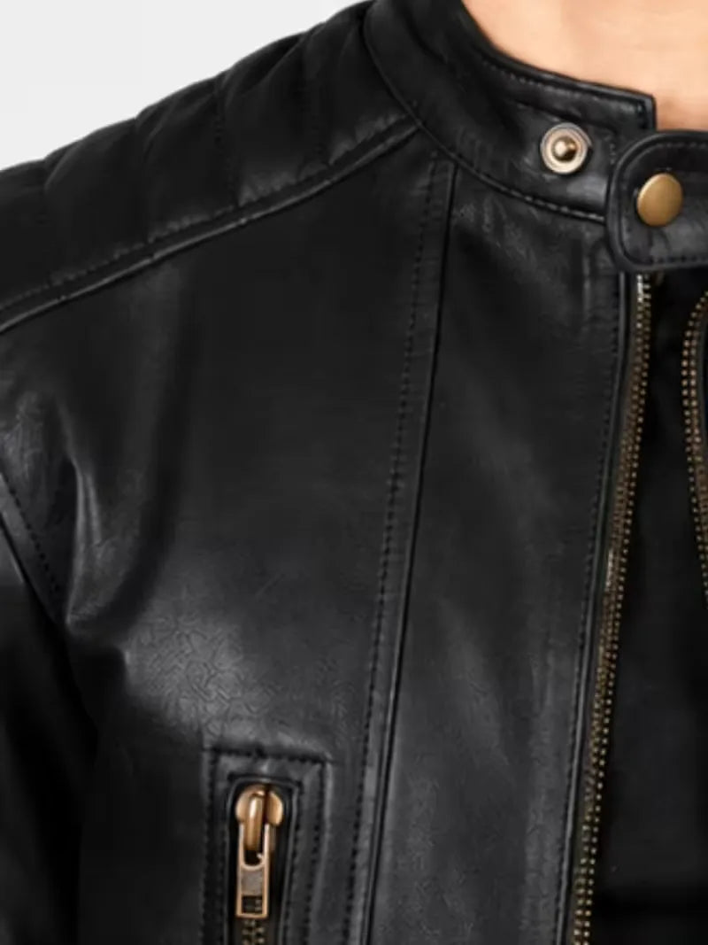 Men's brown sheepskin leather jacket, zip and closure detail