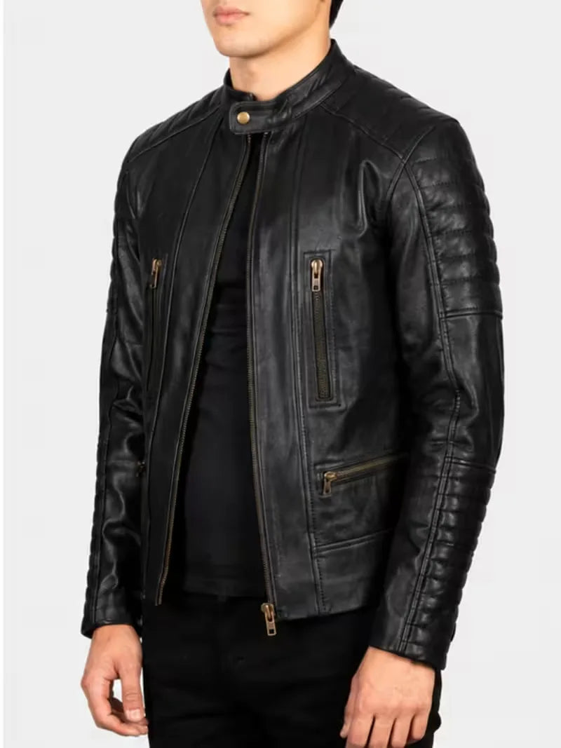 Men's brown sheepskin leather jacket, collar detail