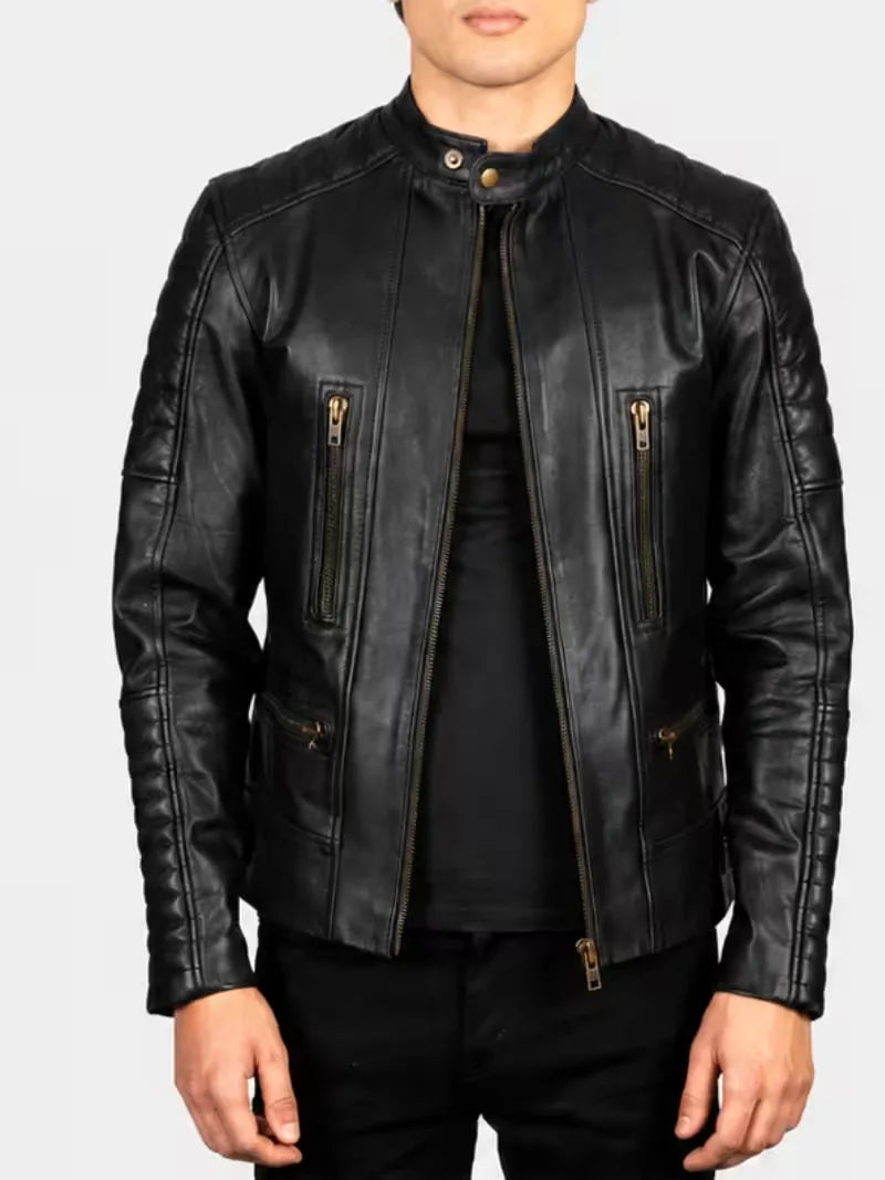 Men's brown sheepskin leather jacket, side view