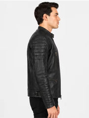 Men's brown sheepskin leather jacket, side view