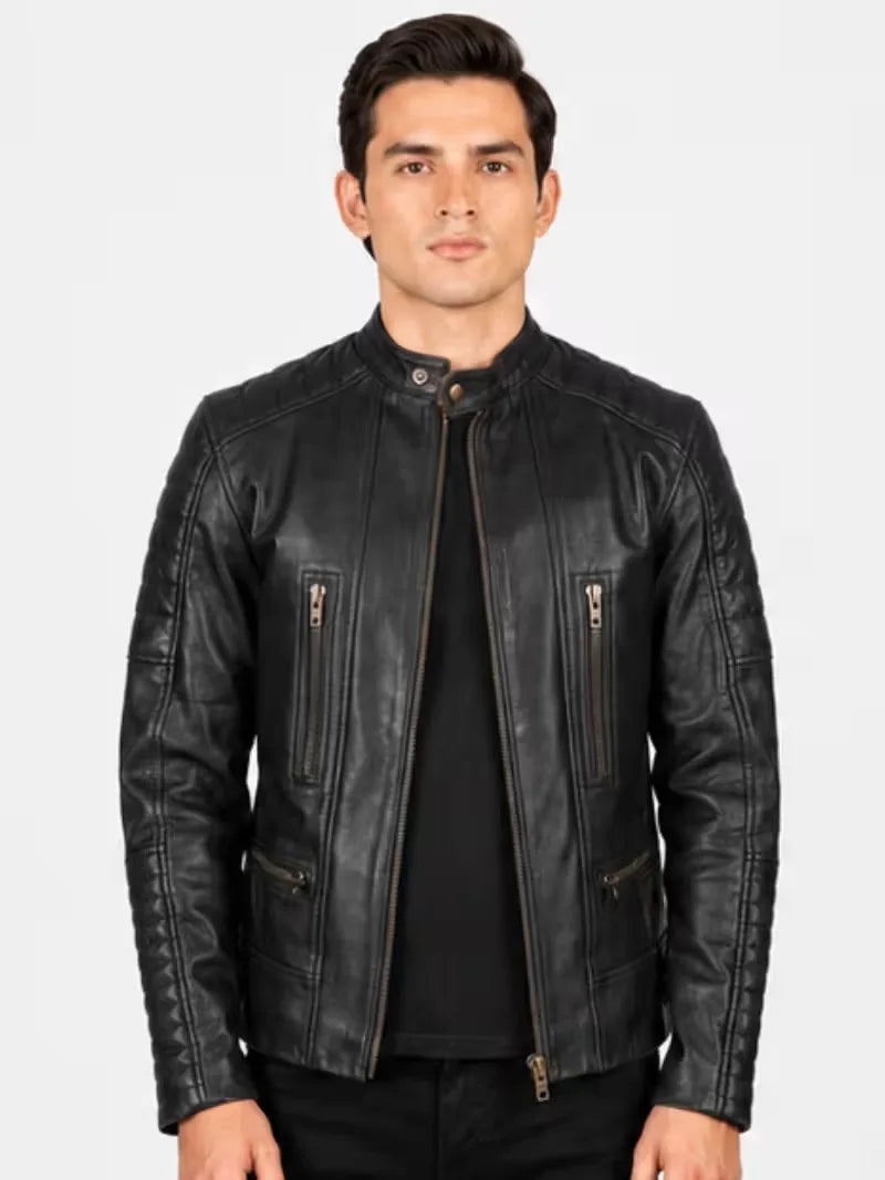 Men's brown sheepskin leather jacket, front view