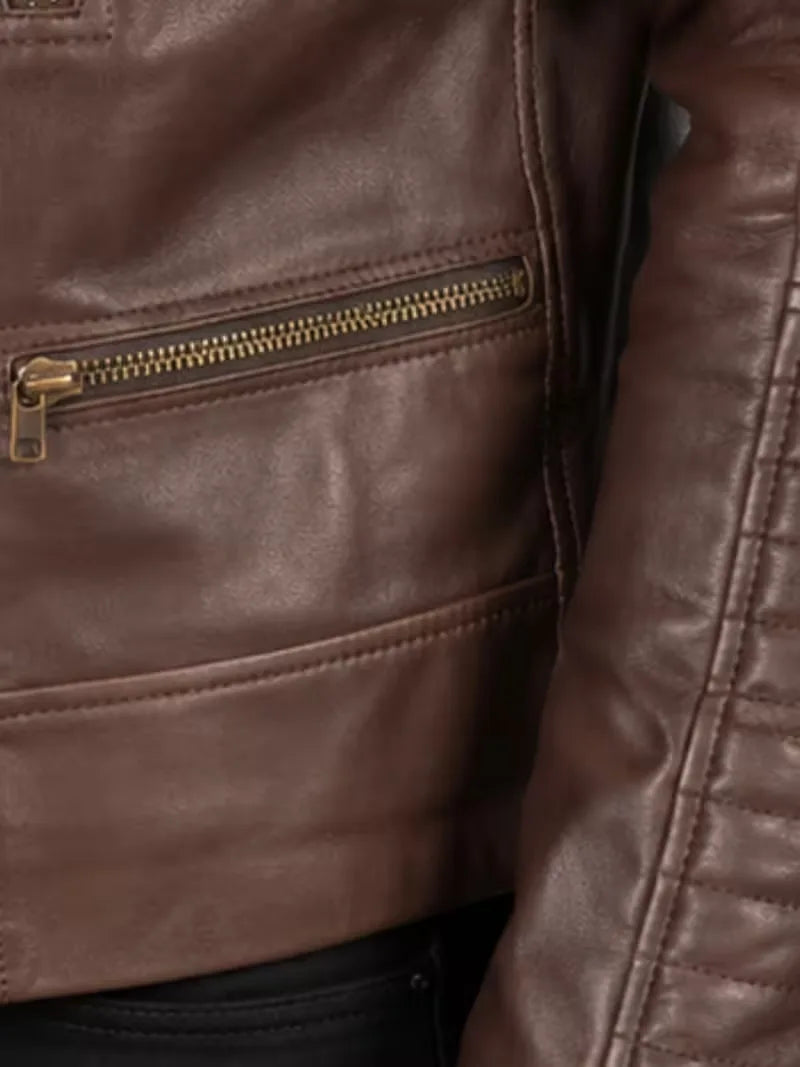 Men's brown sheepskin leather jacket, back view