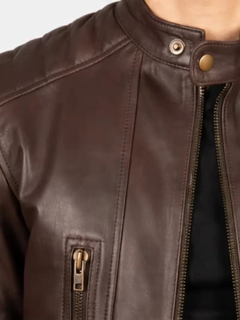 Men's brown sheepskin leather jacket, front view