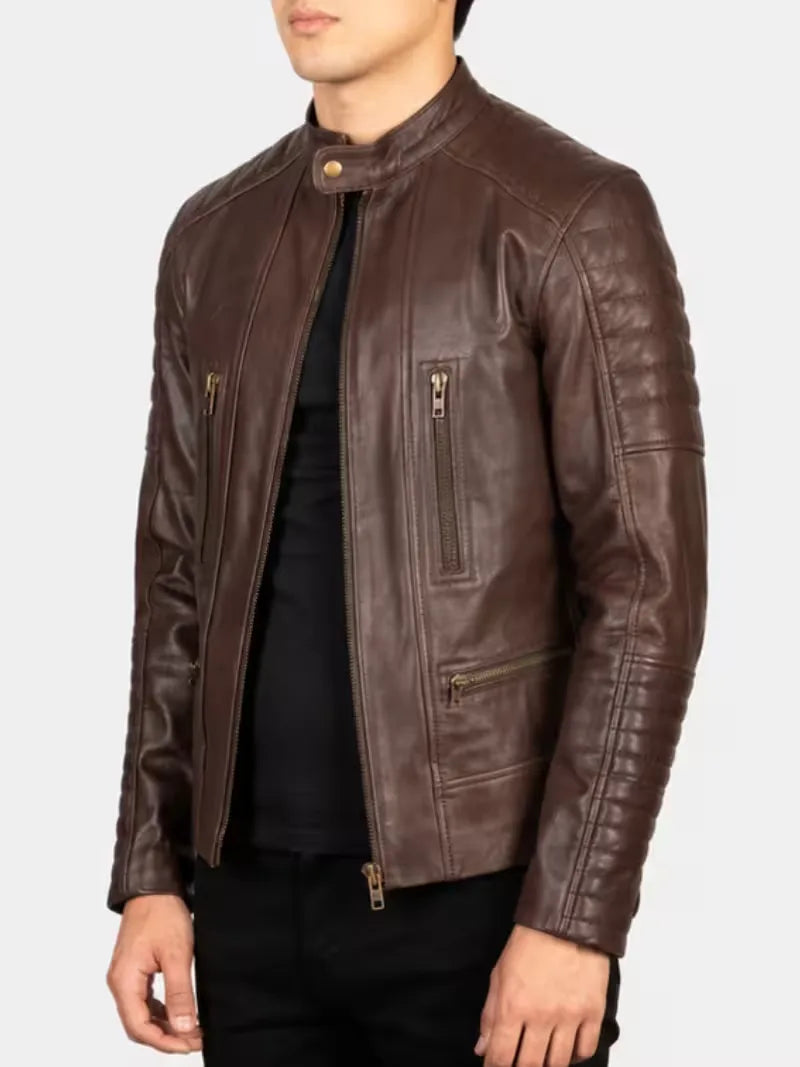 Men's brown sheepskin leather jacket, worn on model