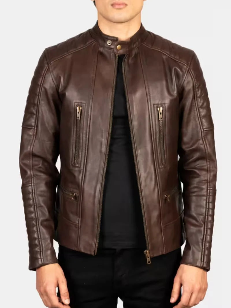 Men's brown sheepskin leather jacket, full length