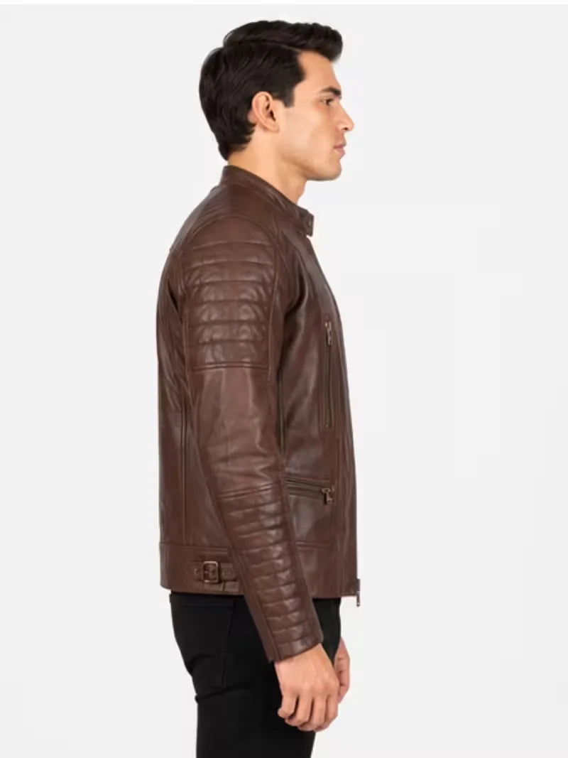 Men's brown sheepskin leather jacket, pocket detail
