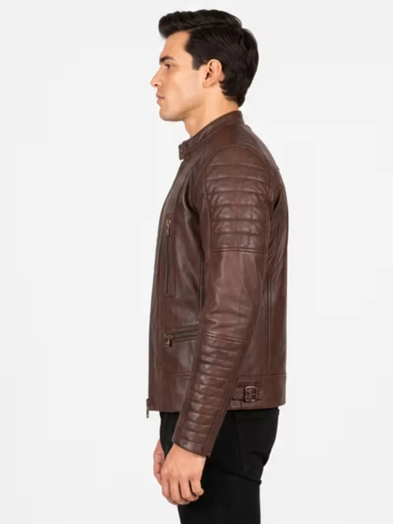 Men's brown sheepskin leather jacket, lining detail