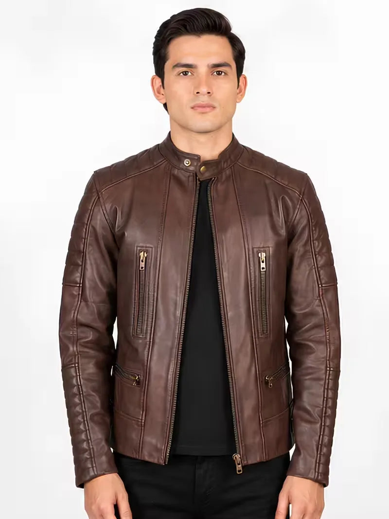 Men's brown sheepskin leather jacket, zip and closure detail