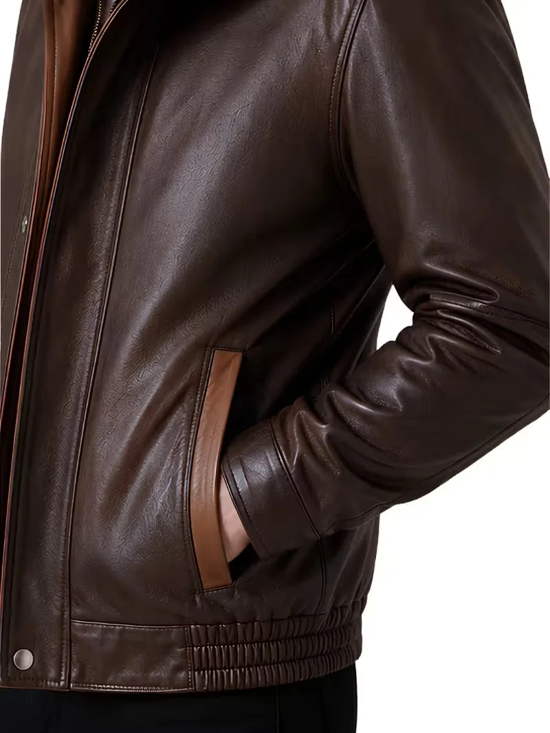 Men's black sheepskin leather hooded jacket, cuff detail