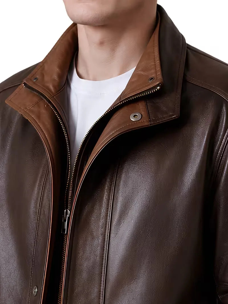Men's black sheepskin leather hooded jacket, zip and closure detail