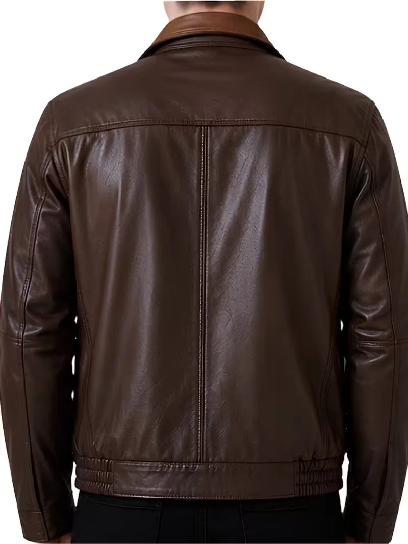 Men's black sheepskin leather hooded jacket, collar detail